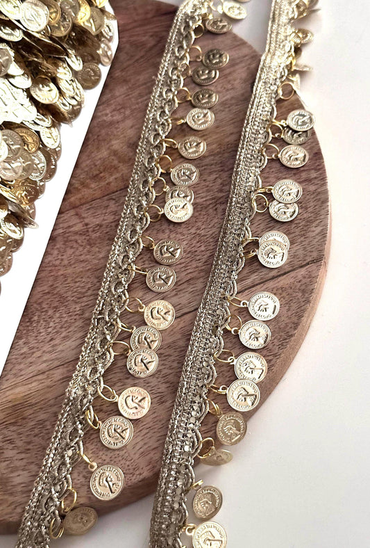 Gold Metal Coin Trim Lace for Belly Dance Boho Waist Belt Festival Skirt Potli Bag Choker Headband DIY Crafting Tribal Jewelry Costume Decor