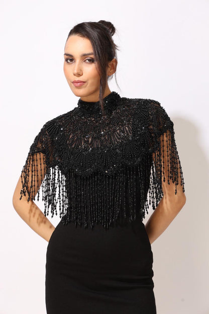 Black Embroidered Beaded Cape  Handmade Pearl Fringe Capelet Gothic Bridal Cover Up Statement Shoulder Accessory Evening Dress Cape
