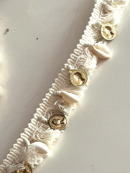 Boho Coin Shell Fringe Trim Cream Macramé Lace with Cowrie Shells & Vintage Coins Resort Wear, Boho DIY Accessories Embellishment Trim