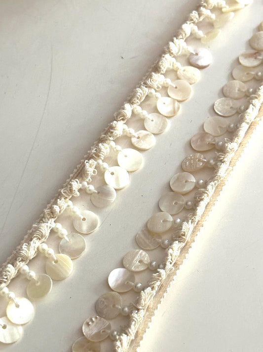 Natural Shell Sequin Lace Trim with Pearls Ivory Macrame Border for Bridal Boho Beachwear DIY Craft & Accessories