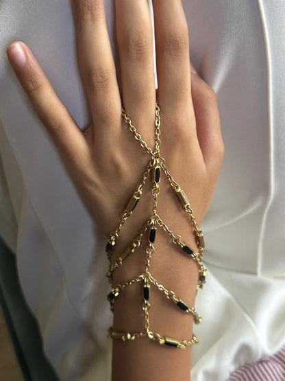 Gold Chain Foot Harness & Hand Harness Jewelry Boho Barefoot Sandal with Black Enamel Accent Festival Beach Wedding Belly Dance Accessories