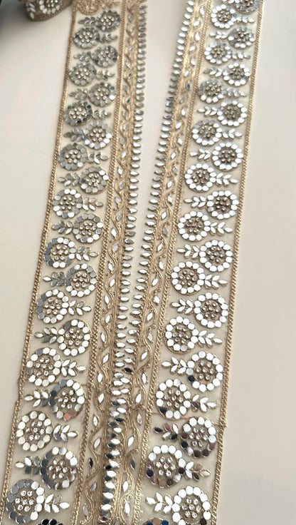 Mirror Work Embroidered Lace Trim Gold Zari Floral Border Ribbon for Saree Dress Costume Wedding Veil Decor Indian Craft Trim by the Yard