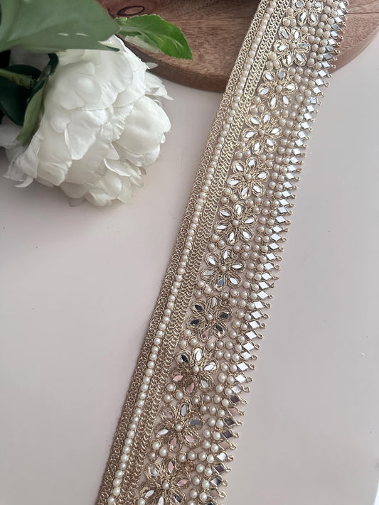 Gold Floral Pearl Trim with Mirror Work Beaded Embellished Lace Saree Border Decorative Ribbon for Saree Sewing Costumes Bridal & DIY Craft