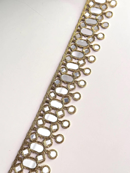 Gold Oval Mirror Lace Trim for Waist Belt Dupatta Costume Design Handcrafted Indian Saree Border Ribbon for DIY Bridal Festival Wear Jewelry