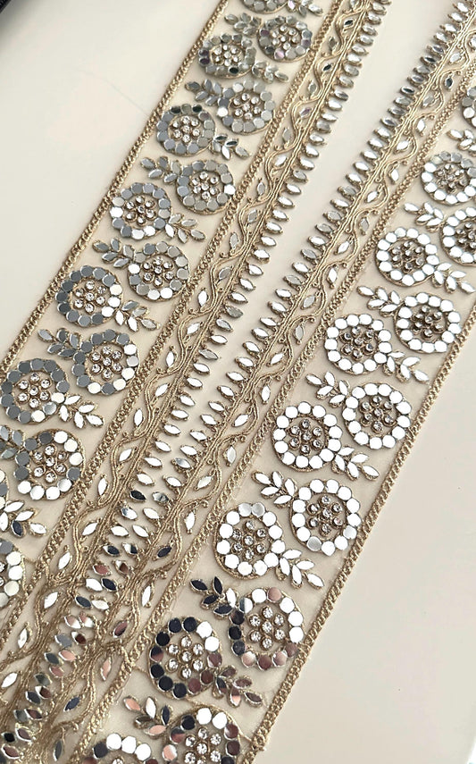 Mirror Work Embroidered Lace Trim Gold Zari Floral Border Ribbon for Saree Dress Costume Wedding Veil Decor Indian Craft Trim by the Yard