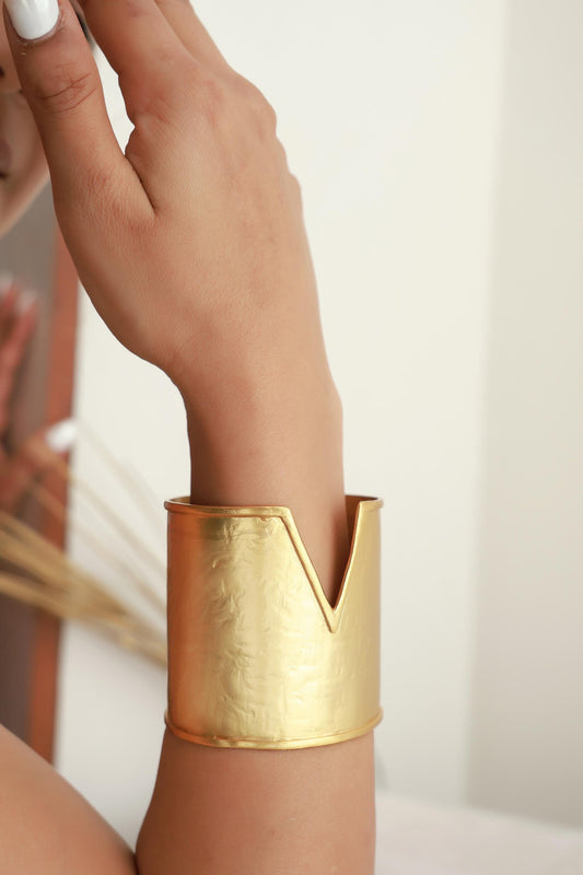 V Cut Gold Cuff Bracelet 24K Gold Plated Brass Statement Jewelry Adjustable Wide Arm Cuff Modern Bold Handmade Bracelet For Women