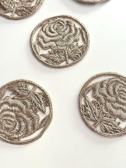 Handmade Floral Embroidery Patch Couture Gold Wire Flower Applique Indian Handicraft Rose Motif Embroidery for Jackets Dress Saree DIY Craft