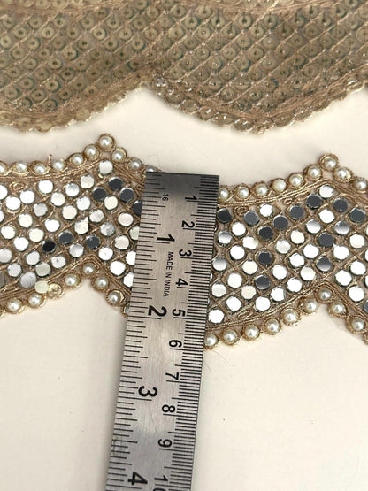 Indian Wedding Decor Lace Trim Mirror Crystal Scalloped Embroidered Border for Backdrops Lehnga Veil Bridal Styling Designers 6cm Zari Trim