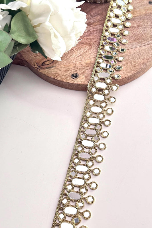 Gold Oval Mirror Lace Trim for Waist Belt Dupatta Costume Design Handcrafted Indian Saree Border Ribbon for DIY Bridal Festival Wear Jewelry
