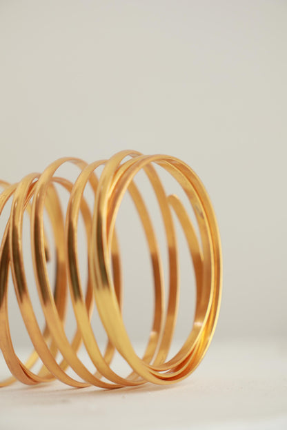 Gold Spiral Bracelet 24K Gold Plated Brass Armlet Adjustable Cuff Bold Statement Arm Jewelry Modern Coil Bangle Handmade Fashion Accessory