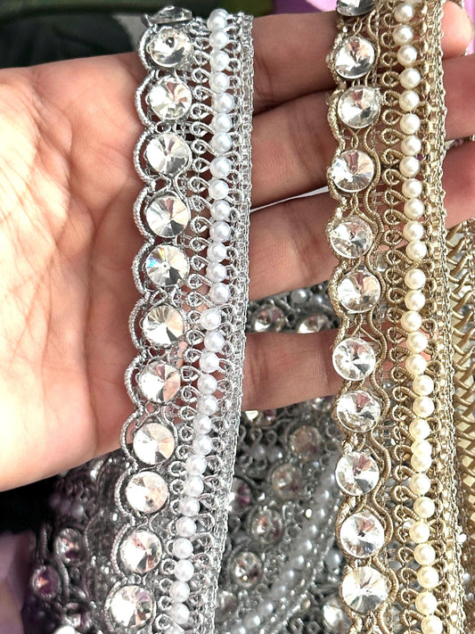 Vintage Inspired Pearl Crystal Trim Artisan Metallic Lace in Gold Silver for Couture Bridalwear Boho Gown Headband DIY Styling Wedding Decor