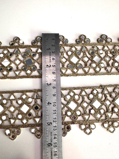 Gold Mirror Work Lace Trim for Costume Belts & Cinturones Indian Embroidered Ribbon for DIY Festival Wear Dance Outfits Bridal Sash Craft