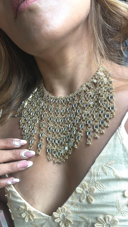 Smart Mirror Statement Necklace – Gold Fringe Choker, Reflective Jewelry, Handcrafted Festival & Glam Nightwear Gift For Her