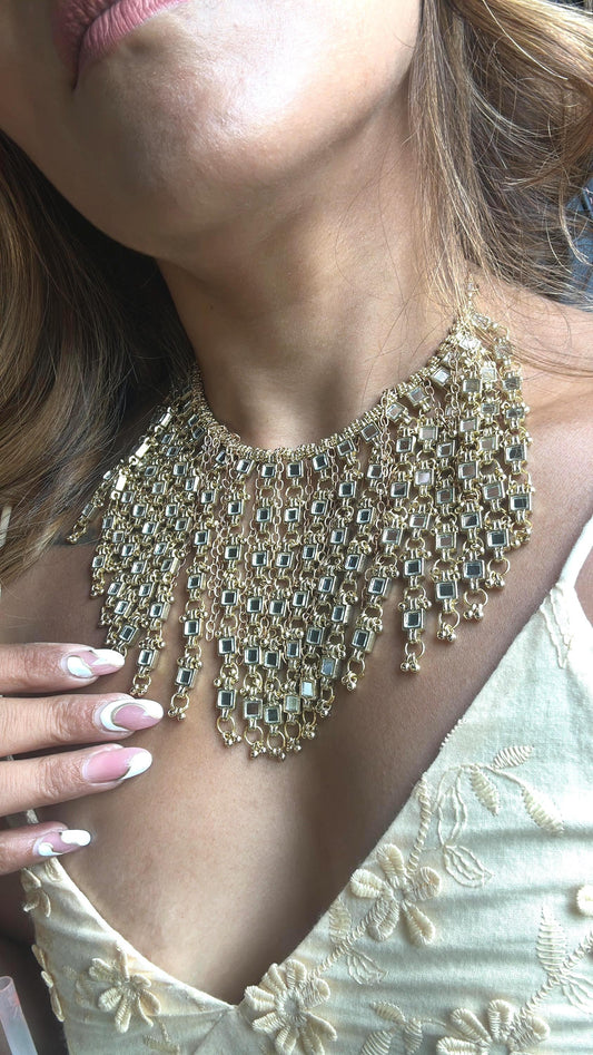 Smart Mirror Statement Necklace – Gold Fringe Choker, Reflective Jewelry, Handcrafted Festival & Glam Nightwear Gift For Her