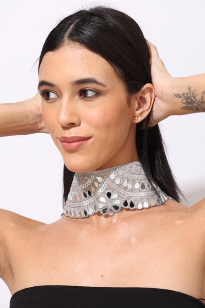 Silver Gothic Lace Choker –Mirror Crystal  Handmade Statement Necklace – Adjustable Fabric Party Jewelry for Women – Gift for Her