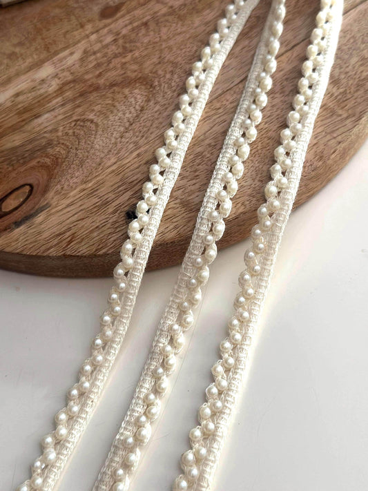 Ivory Pearl Lace Trim for Sewing Beaded Bridal Border for Saree Dress Veil Elegant Pearl Edging Ribbon Trim for DIY Craft & Decor 9mtr