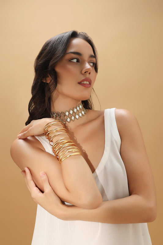 Gold Spiral Arm Cuff Bracelet – 24K Gold Plated Brass Coil Armlet – Bold Adjustable Statement Jewelry – Handmade Fashion Accessory