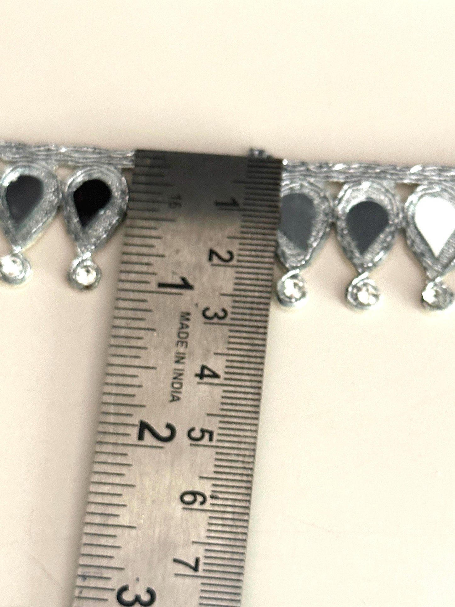 Silver Mirror Lace Trim with Rhinestones Teardrop Embroidery Border for Saree, Blouse, Dupatta DIY & Wedding Decor Zircon Embellished Trim