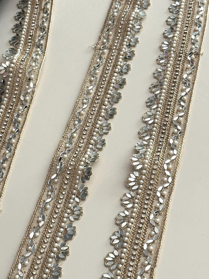 Floral Mirror Pearl Lace Trim Zircon Rhinestone Thin Embroidered Gold Border for Jewelry Costume Veils & Blouses  1 Inch Craft Ribbon India
