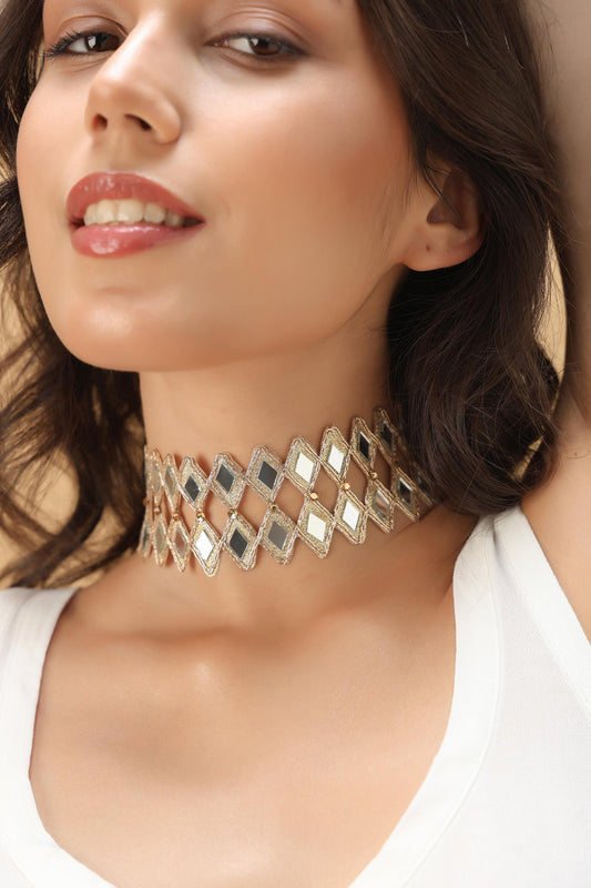 Gold Diamond Choker Jewelry Mirror Crystal Statement Collar Handcrafted Necklace Gift For Her
