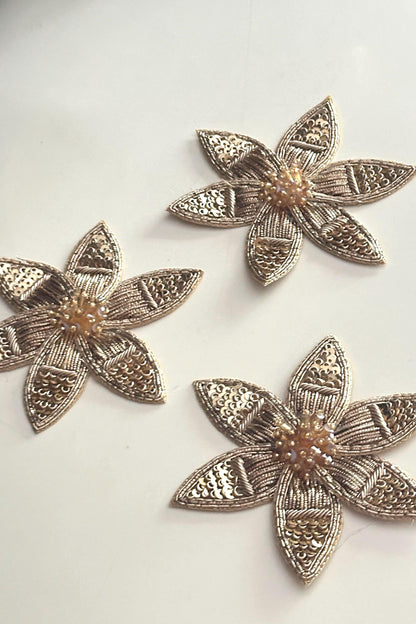 Handmade Gold Floral Embroidery Applique Beaded & Sequin Flower Patch for Clothing Upholstery Curtain Cushion Craft Decor Dress Saree Jacket