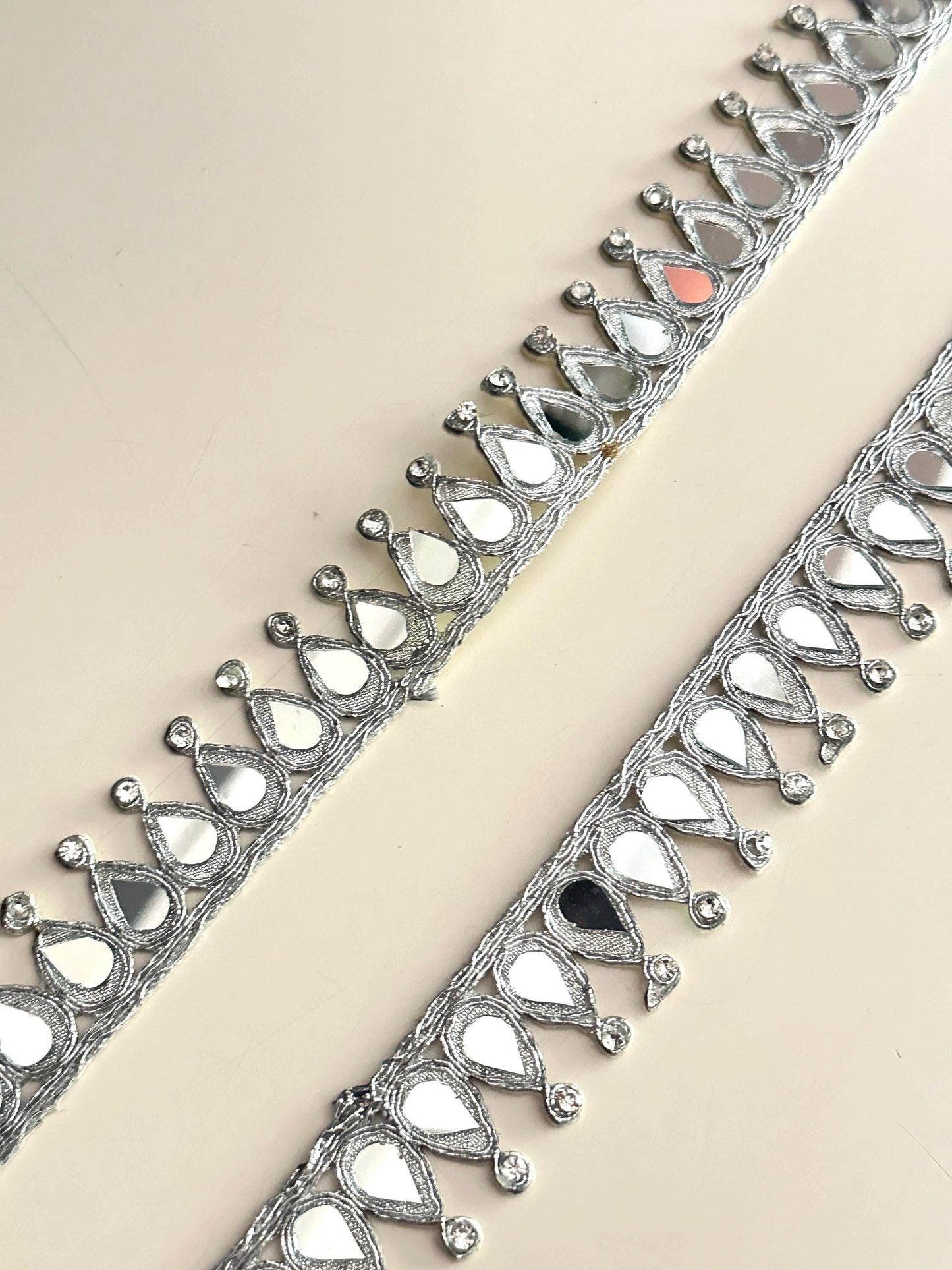 Silver Mirror Lace Trim with Rhinestones Teardrop Embroidery Border for Saree, Blouse, Dupatta DIY & Wedding Decor Zircon Embellished Trim