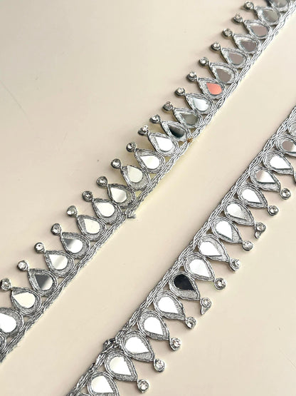 Silver Mirror Lace Trim with Rhinestones Teardrop Embroidery Border for Saree, Blouse, Dupatta DIY & Wedding Decor Zircon Embellished Trim