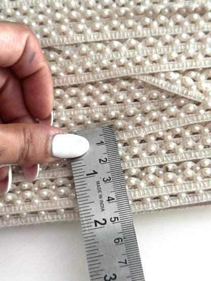 Ivory Pearl Lace Trim for Sewing Beaded Bridal Border for Saree Dress Veil Elegant Pearl Edging Ribbon Trim for DIY Craft & Decor 9mtr