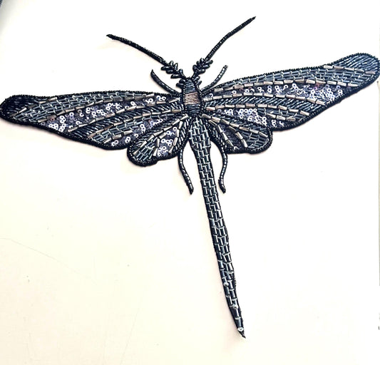 Dragonfly Jacket Patch – Large Hand Beaded Sequin Applique, Embroidered Insect Motif for Coats Denim Bag Costume Design Embellishment