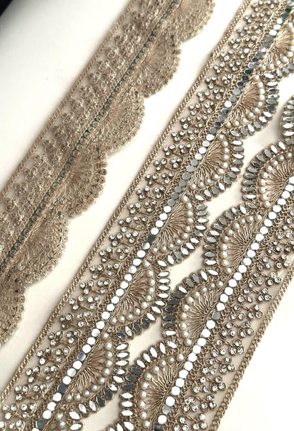 Scallop Mirror Pearl Lace Trim Gold Embroidered Bridal Border for Veils Sarees, Wedding Costumes & Decor Handmade Indian Ribbon 3 Inch