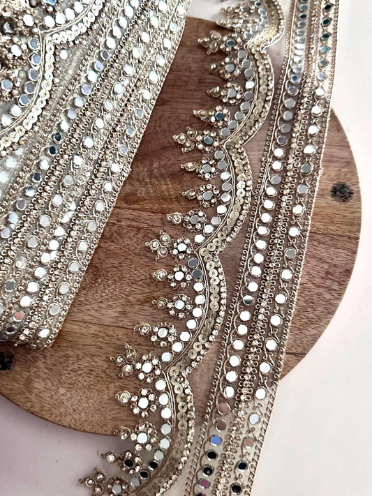 Luxury Mirror Work Gold Trim for Bridal Gown  Lehenga Saree Dupatta Sequin Embroidered Indian Lace Border for Wedding Dress Blouse DIY Craft