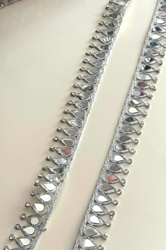 Silver Mirror Lace Trim with Rhinestones Teardrop Embroidery Border for Saree, Blouse, Dupatta DIY & Wedding Decor Zircon Embellished Trim