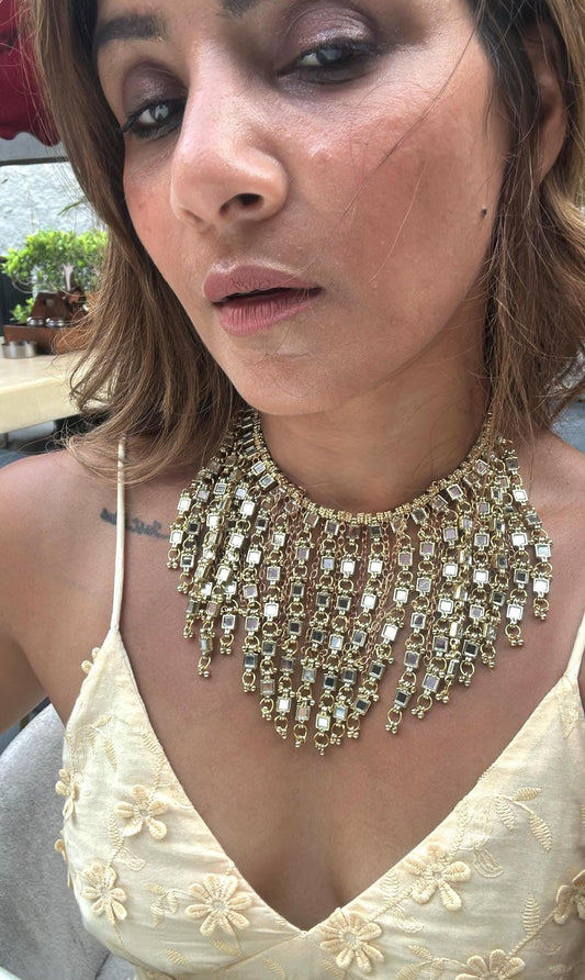Smart Mirror Statement Necklace – Gold Fringe Choker, Reflective Jewelry, Handcrafted Festival & Glam Nightwear Gift For Her