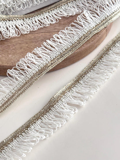 White & Gold boho Fringe Trim Loop Ribbon Metallic Curtain Edging Lace
