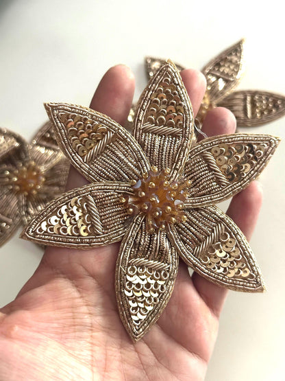 Handmade Gold Floral Embroidery Applique Beaded & Sequin Flower Patch for Clothing Upholstery Curtain Cushion Craft Decor Dress Saree Jacket