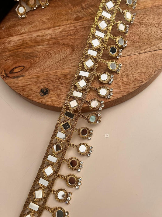 Indian Gold Mirror Lace Trim - Bridal Saree Border Ribbon - 3cm Ethnic Choker Belt - Wedding Dress Band by Yard