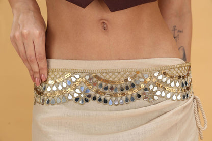 Handmade Mirror Embroidered Floral Choker Waist Belt Indian Gold Sequin Trim Boho Festival Belt for Skirts Sarees Dresses, Fashion accessory