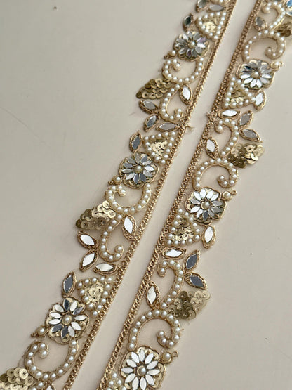 Gold Mirror Lace Trim with Pearls Floral Sequin  Hand Embroidered Border for Saree Lehenga Dupatta Wedding Veil DIY Jewelry & Decor