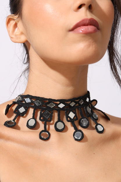 Black Mirror Choker Necklace Belt Set– Geometric Minimalist Jewelry – Sustainable Gift for Her – Party & Beach Accessory