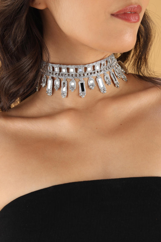 Silver Choker Necklace  Zircon Handmade Gothic Lace Choker – Adjustable Fabric Statement Necklace  Party Accessory Gift for Her