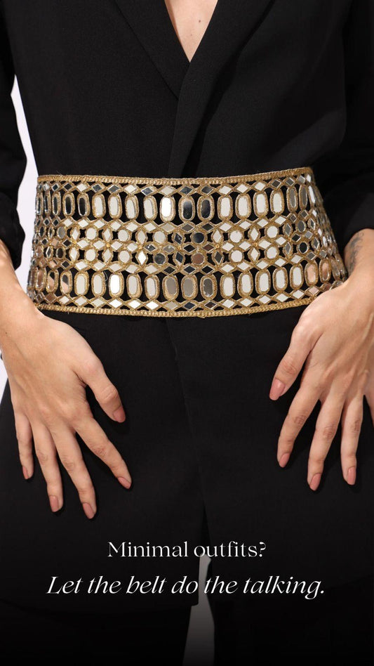 Mirror Work Statement Waist Belt Jewelry for Dress Saree Jumpsuit Embellished Mirror Crystal Waistband Festive Wedding Accessory Belt