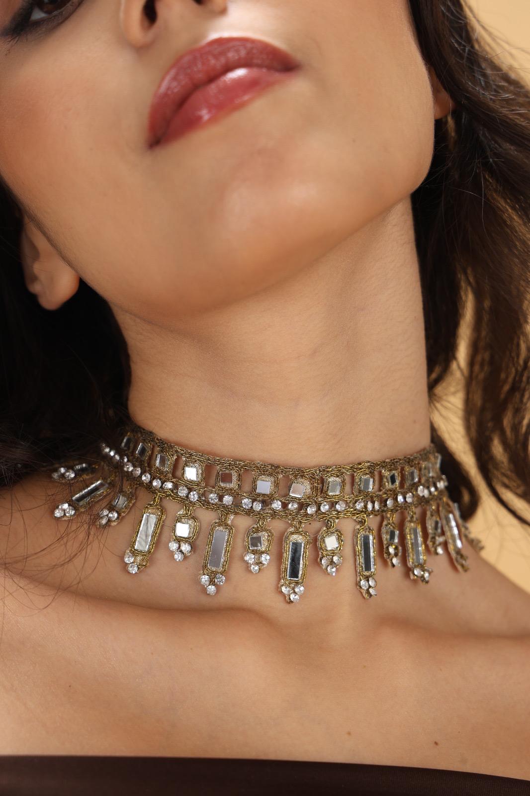 Handmade Mirror Choker with Silver Rhinestones Gold Statement Necklace with Crystal Drops Boho Festival & Evening Wear Jewelry