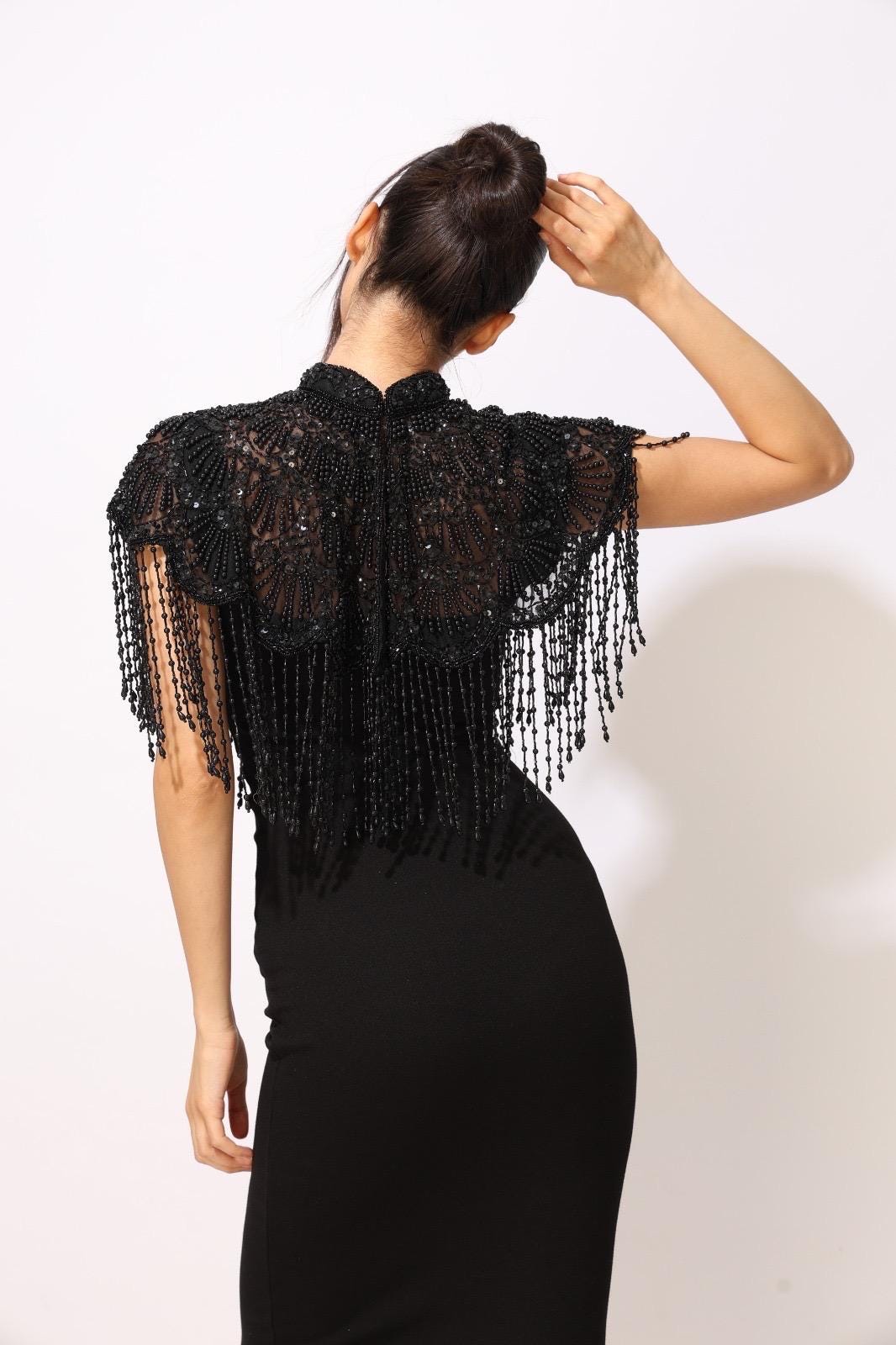 Black Embroidered Beaded Cape  Handmade Pearl Fringe Capelet Gothic Bridal Cover Up Statement Shoulder Accessory Evening Dress Cape