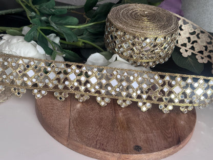 Mirror Work Lace Trim Gold Embroidery Ribbon with Shisha for Sewing Indian Saree Border Ethnic Costume Trim DIY Craft Decorative Mirror