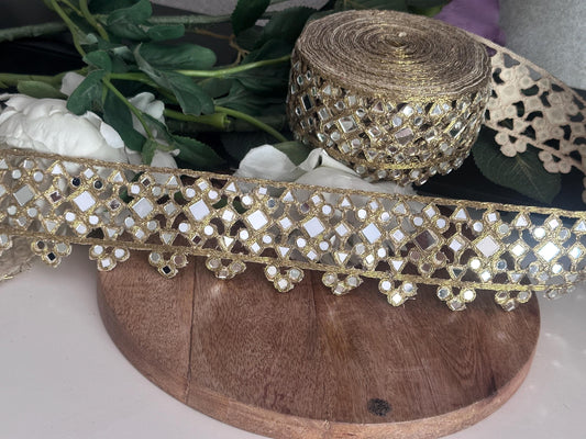 Mirror Work Lace Trim Gold Embroidery Ribbon with Shisha for Sewing Indian Saree Border Ethnic Costume Trim DIY Craft Decorative Mirror