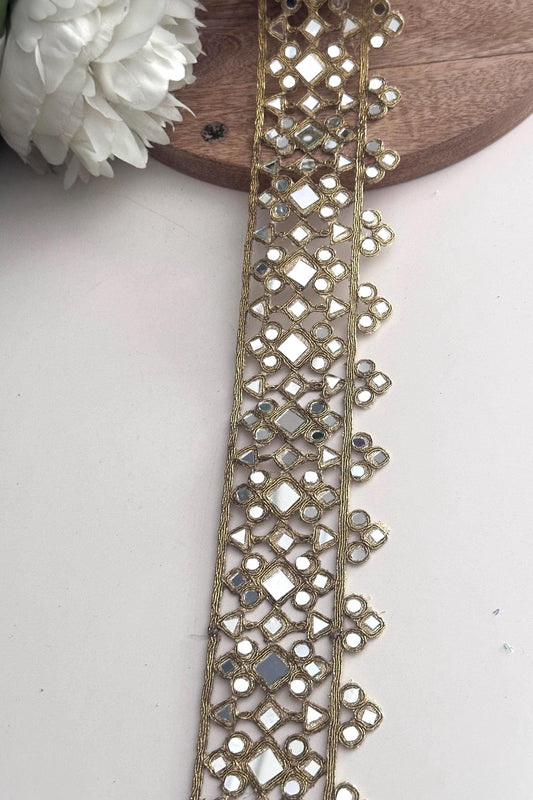 Mirror Work Lace Trim Gold Embroidery Ribbon with Shisha for Sewing Indian Saree Border Ethnic Costume Trim DIY Craft Decorative Mirror