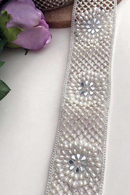 Hand Embroidered Pearl Beaded Trim Bridal Saree Border Lace Wedding Dress Applique  Pearl Mesh Lace for Gowns Lehenga Veil Crafting Lace