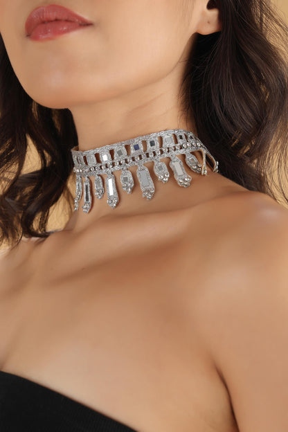 Silver Choker Necklace  Zircon Handmade Gothic Lace Choker – Adjustable Fabric Statement Necklace  Party Accessory Gift for Her