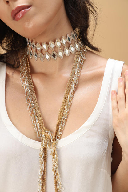 Gold Diamond Choker Jewelry Mirror Crystal Statement Collar Handcrafted Necklace Gift For Her