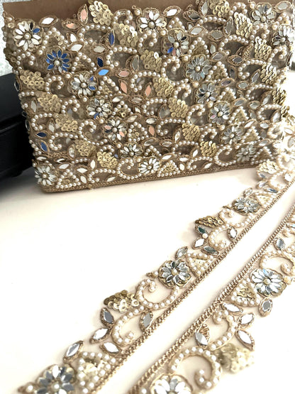Gold Mirror Lace Trim with Pearls Floral Sequin  Hand Embroidered Border for Saree Lehenga Dupatta Wedding Veil DIY Jewelry & Decor
